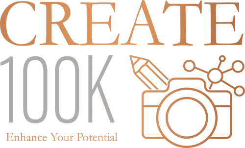 Create 100K Icon, made up of a camera in the middle, with a networking symbol and pencil behind
